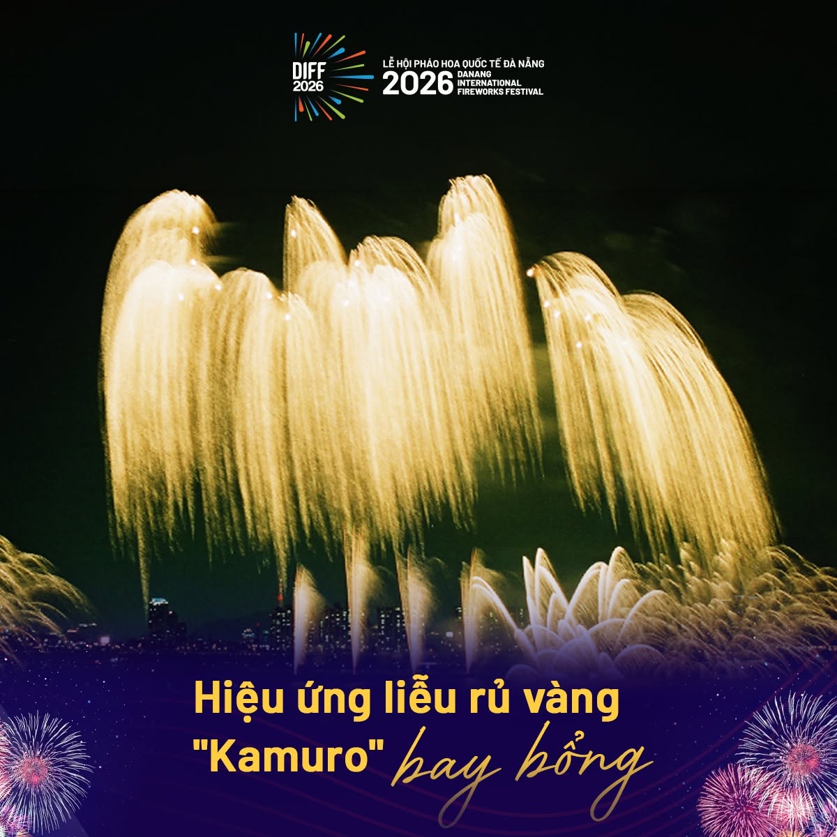 Hiệu ứng pháo hoa rực rỡ với màu vàng và hồng tại lễ hội DIFF 2026, tạo nên khung cảnh lung linh và ấn tượng.